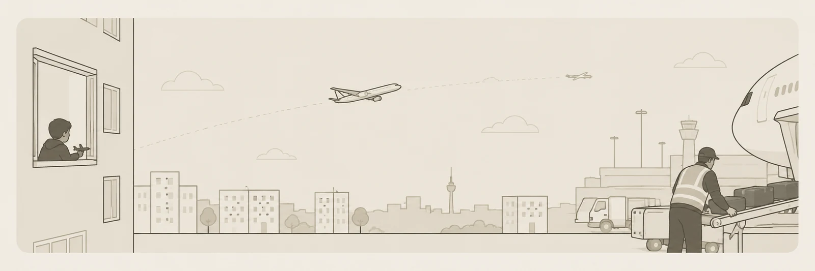 Zeichnung: ein Kind schaut aus dem Fenster im sechsten Stock auf ein Flugzeug über der Stadt, darunter das Vorfeld mit den Koffern